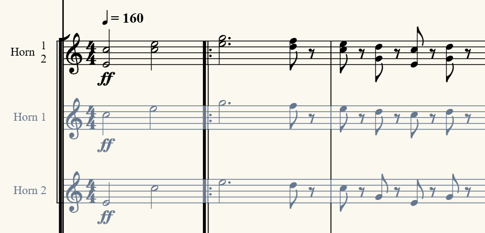 A condensed horn staff above expanded Horn 1 and Horn 2 parts in the score editor.