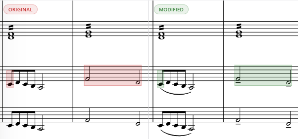 Visual score diff comparing an original score with a modified score and highlighted notation changes.