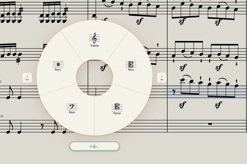 A radial command wheel over a score, with clef and instrument options close to the selected music.